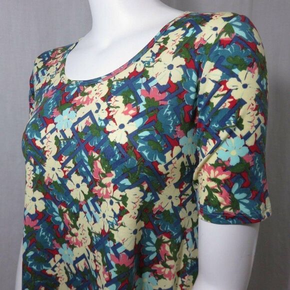 LuLaRoe S Perfect Tee Tunic Top Shirt Floral Lattice Blue Green Red Yellow Pink - Picture 9 of 11